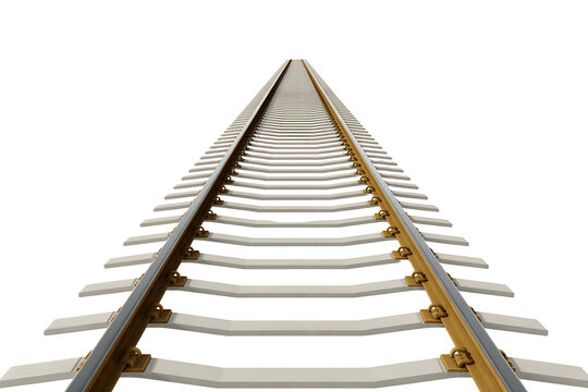 Elevated perspective railway tracks extending towards the horizon with brown and white concrete sleepers