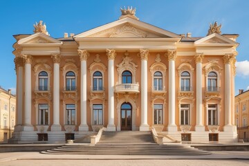 Obraz premium A grand yellow mansion featuring a spacious porch and stone foundation.