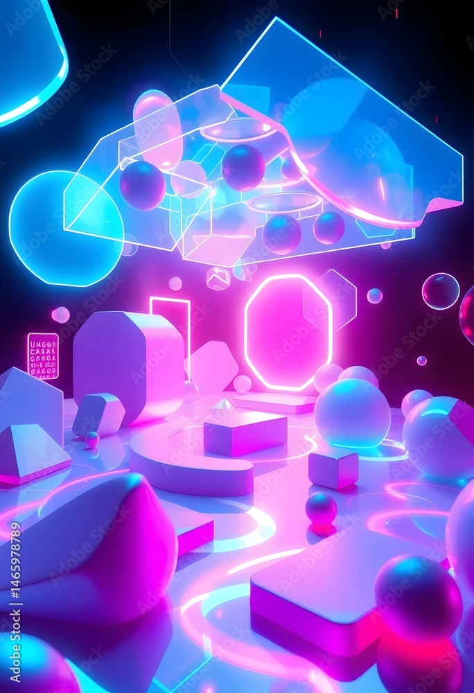 Poster Abstract Holographic Scene, A Mesmerizing Display Of Glowing Neon Shapes Dynamically Shifting, Creating An Immersive, Futuristic World, A Stunning Spectacle Of Color And Light.