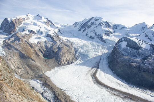 Mount Dufour Spitz (Monte Rosa) and Monte Rosa Glacier in Switzerland. View from Gornergrat mountain in Switzerland.