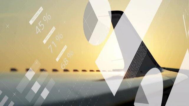 Airplane wing and winglet flying over golden ocean at sunrise, displaying digital analytics charts