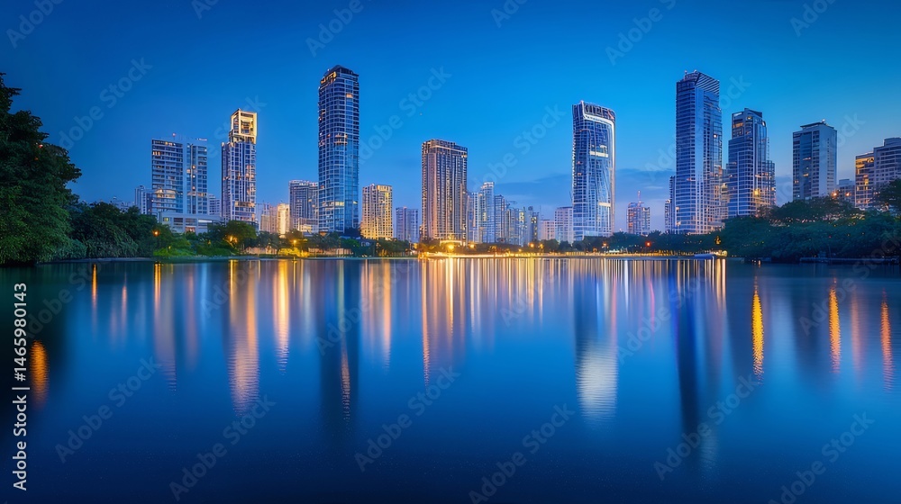 Poster コロンビアの夜の都市景観 水面に反射する高層ビルの光が美しい