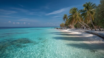 Stunning white sand beach with swaying palm trees, Maldives-style. Crystal-clear turquoise waters, perfect for tropical escapes, luxury resorts, and dream vacations. #ParadiseBeach