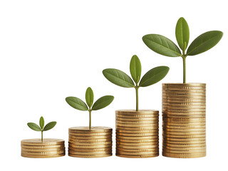Concept of financial growth depicted with plants growing out of coin stacks and representing increasing investments