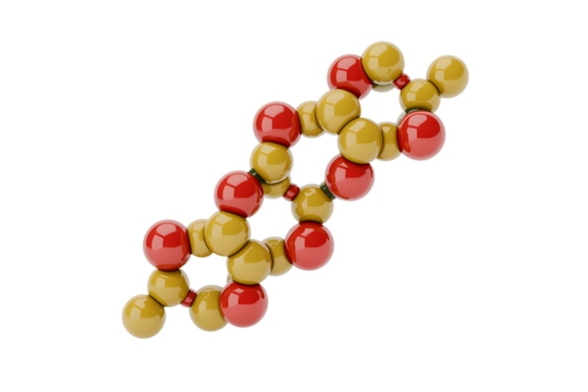 Molecular structure visualization of a chemical compound with red and yellow spheres against a black background - Powered by Adobe