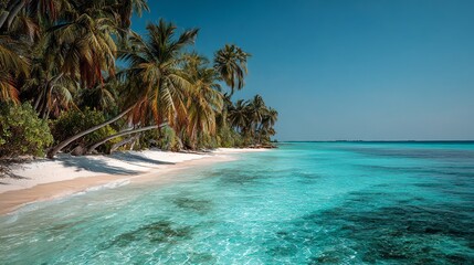 Stunning white sand beach with swaying palm trees, Maldives-style. Crystal-clear turquoise waters, perfect for tropical escapes, luxury resorts, and dream vacations. #ParadiseBeach