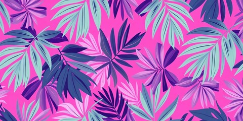 Purple pink Matisse-style tropical palm leaf abstract seamless vector pattern with Scandinavian cutouts, exotic, leaves