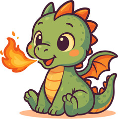 A cute baby dragon breathing a small fireball, in modern mascot logo style