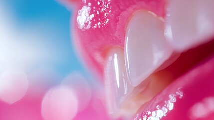 Close-up of Teeth and Lips with Pink Gloss, Dental Care Concept