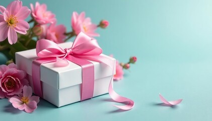Elegant gift box with pink ribbon, blooming flowers , affection, happiness