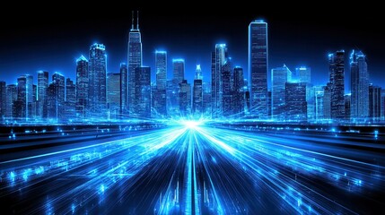 Obraz premium Futuristic luminous cityscape neon urban skyline visualization n