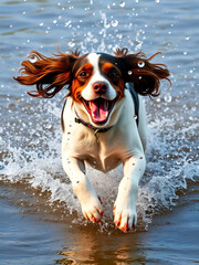 Dog spaniel running in splashing water. ai generated