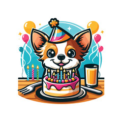 Cute Corgi Celebrating Birthday with Cake and Balloons