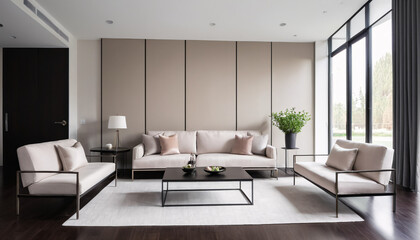Fototapeta premium Symmetrical living room showing contemporary furniture, large windows, and a neutral color palette.
