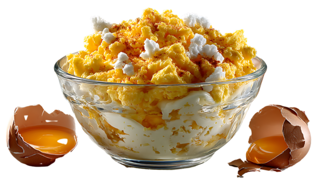 Scrambled eggs with creamy topping in a glass bowl broken eggshells