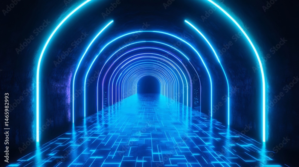 Poster 青いネオンライトが輝く未来的なトンネルの抽象的な背景 テクノロジーとデジタルの通路 グラフィックデザインと照明が織りなすサイバー空間