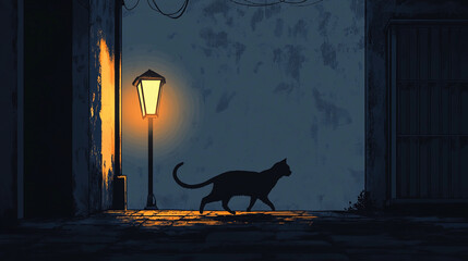 Silhouette of a cat walking in a dark alleyway illuminated by a single street lamp, casting warm shadows on the wall and ground