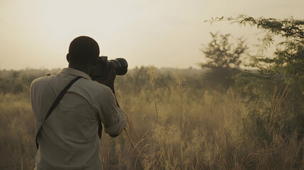 A photographer is taking a photo in a field during a golden hour.