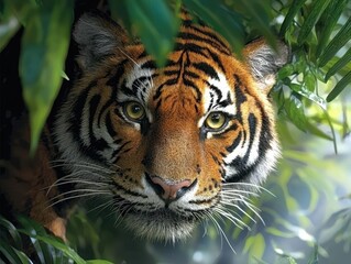 Fototapeta premium Intense Gaze of a Tiger Hidden in Lush Green Foliage