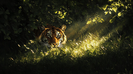 A tiger partially hidden in the foliage with sunlight streaming through the leaves and illuminating the grass in front of it