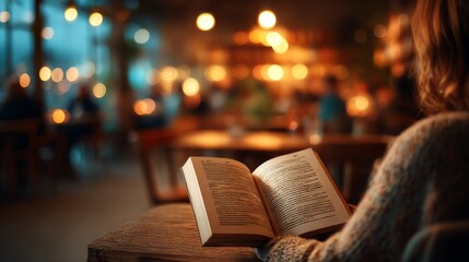 A serene woman immersed in a book at a cozy cafe, soft focus on the pages, capturing the peaceful ambiance of reading with warm lighting