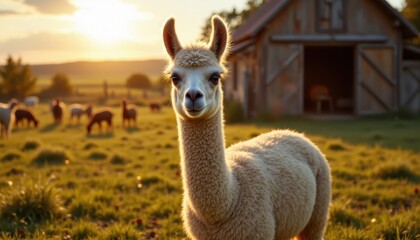 Fototapeta premium A curious alpaca stands in a sunny pasture near a rustic barn, with more alpacas grazing in the background during golden hour.
