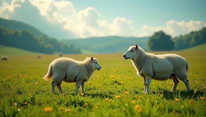 Obraz premium Fluffy sheep grazing peacefully under watchful eye of shepherd's dog , green, rural, light