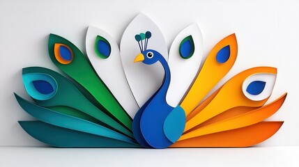 Colorful Paper Peacock with Vibrant Tail Feathers on White Background