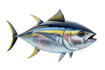 Detailed illustration of a vibrant yellowfin tuna fish swimming isolated against a black background