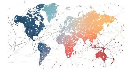 Flat vector world map with connected dots and lines, symbolizing global networks. Perfect for business, tech, and communication themes. Clean, modern, and scalable design.