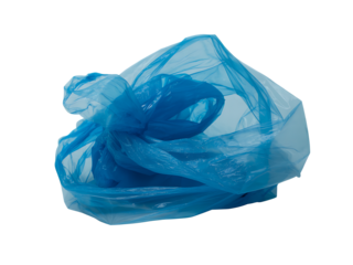 Close up shot of a blue plastic bag isolated on a black background showing textures and folds