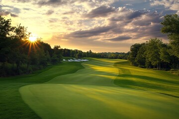 Scenic golf course landscape at golden sunset with lush green fairway and dramatic sky