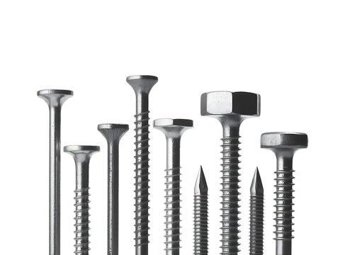 Various types of metal screws arranged in a studio setting emphasizing design and construction details
