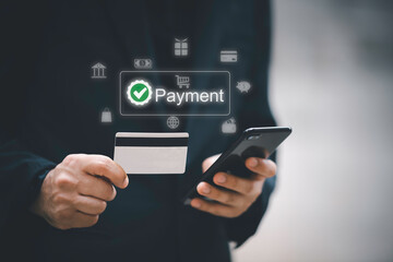 Man using smartphone for online payment with secure transaction, digital wallet system, and mobile banking concept for financial technology, e-commerce, and global money transfer.