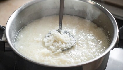 Rice boiled in water in a pot, close-up shot, steam rising, natural kitchen atmosphere