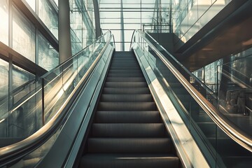 Modern escalator in a glass building atrium with sun rays reflecting off metal rails and glass surfaces