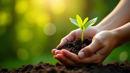 Children’s Hands Holding Sprout, Eco Earth Day Nature Concept with Sunlight, concept eco earth day, Environment Day