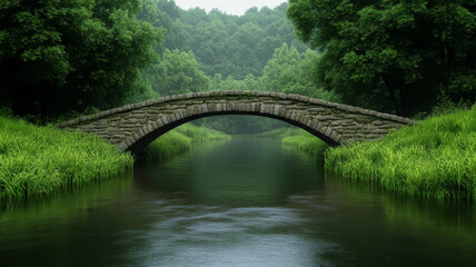 Fototapeta premium Charming stone bridge stretches over serene river surrounded by lush greenery