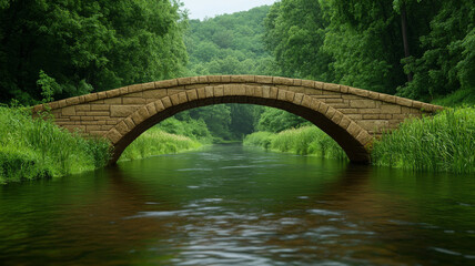 Fototapeta premium Charming stone bridge stretches over serene river surrounded by lush greenery