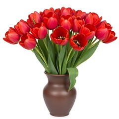 Vase with vibrant red tulips arrangement, studio shot isolated on white background