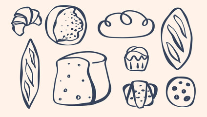 Minimalist Loaf of Bread, Bread Bakery and Baking , Hand Drawn Whimsical Sourdough, Baguette, White Bread, Challah, Cookies , Pastry in SVG Vector