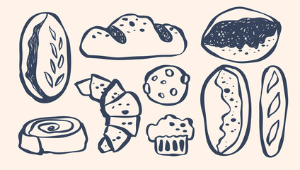 Minimalist Loaf of Bread, Bread Bakery and Baking , Hand Drawn Whimsical Sourdough, Baguette, White Bread, Challah, Cookies , Pastry in SVG Vector