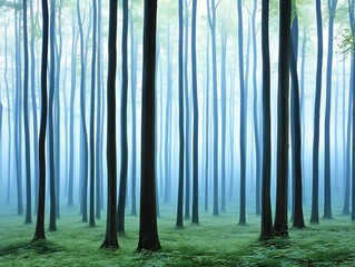 Naklejka premium Serene Misty Forest Scene Tall Trees in a Dreamlike Atmosphere A Picturesque Nature Landscape