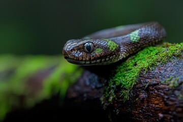 Obraz premium Elegant blunt-headed vine snake resting on mossy branch.