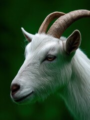Elegant white goat with curved horns in natural light.