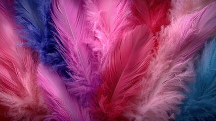 Colorful feathers in shades of pink, purple, and blue.