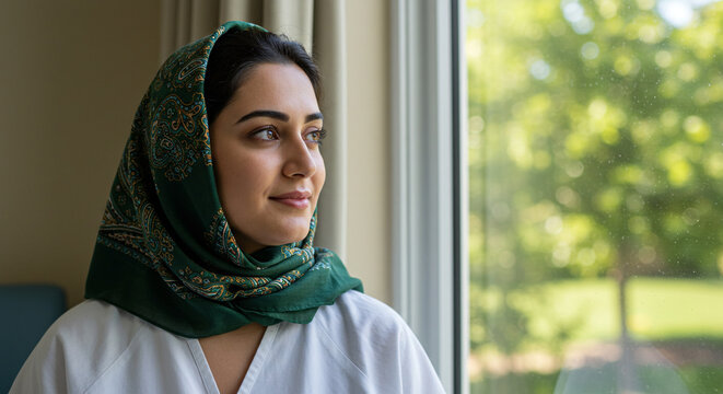 Woman wearing headscarf looking out window for hope inspiration and religious freedom - Powered by Adobe