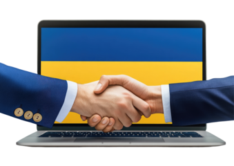 Business Handshake Over Laptop with Ukrainian Flag