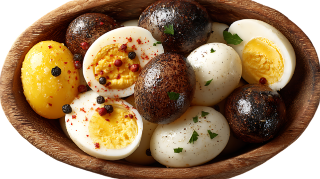 Spicy Marinated Eggs in Wooden Bowl Food Photography Closeup
