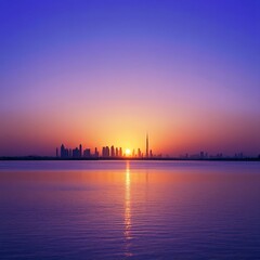 Obraz premium Dubai city skyline panorama at sunset, UAE marina travel photo. Dubai Business Bay skyline.